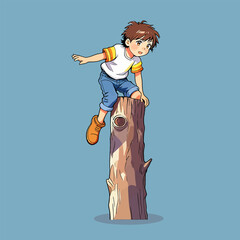 Cute boy climbs tree, playful cartoon with warm earthy tones © Yuan