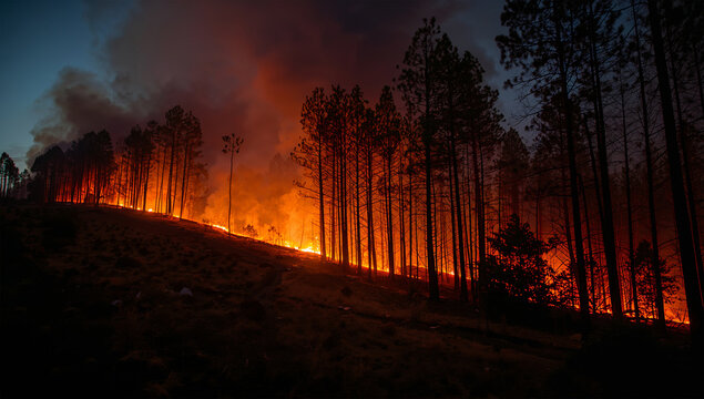 松林の足元を炎が進む夜の森林火災を捉えた報道写真