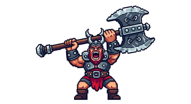Pixel Art Viking Warrior Holding Massive Axe.
