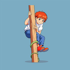 Cute boy climbs pole, playful cartoon with warm earthy tones © Yuan
