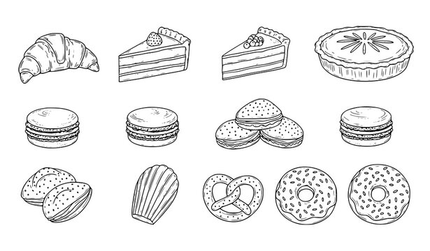 Hand drawn dessert vector set with croissant cake pie macarons donut and bakery sweets in clean outline style