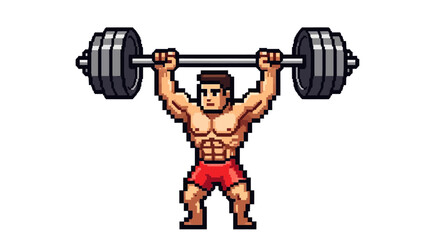 Fototapeta premium Pixel Art Muscular Man Lifting Heavy Barbell Weight.