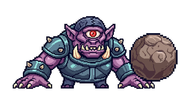 Pixel Art Cyclops Monster with Large Stone Ball.