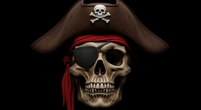 Spooky skull wearing pirate hat, eye patch and red scarf against black background