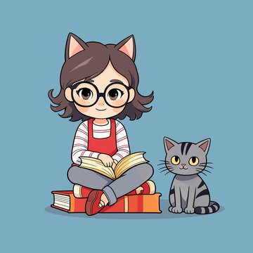 Cute cat sits with owner, warm cartoon with soft cozy tones