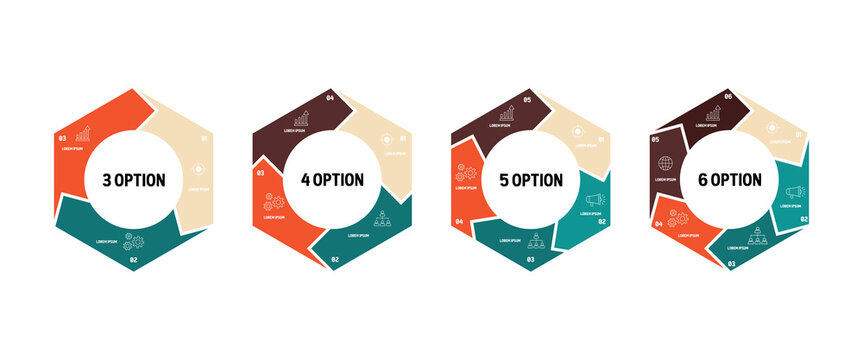 Set of vector infographic circular hexagon templates. Cycle diagrams with 3, 4, 5, 6 parts, options. Can be used for chart, graph, report, slide, presentation. vector editable 