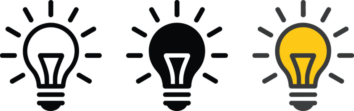 Light bulb icon, illustration, idea symbol with electric lamp shining representing creativity innovation electric power and inspiration concept design.