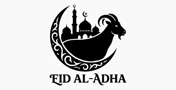 Eid Al-Adha Islamic Festival Silhouette with Crescent Moon, Mosque, and Goat Vector Illustration