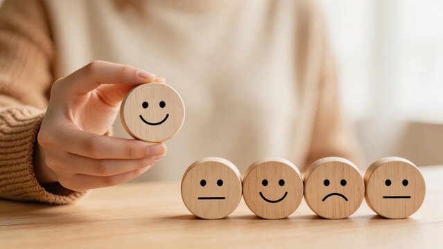 Hand holding wooden coin smiley facechoosing positive emotion from row expressions tablerepresenting customer satisfaction feedback survey rating servicechoice decision