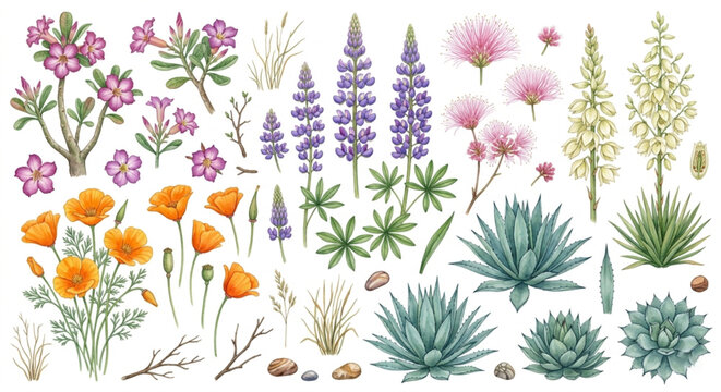 Watercolor Desert Wildflower Clipart Elements Vector Set