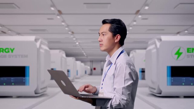 Side View Of An Asian Male Professional Worker Standing at Modular Energy Storage Systems, Observes By Looking Up Before He Come To Concentrating On The Laptop And Keep On Typing