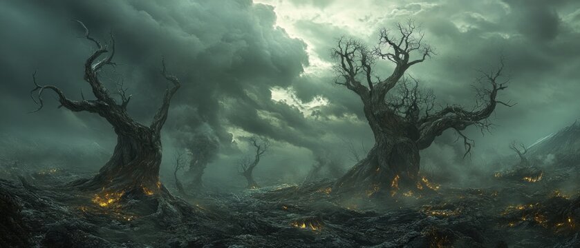 Burning trees dark fantasy landscape illustration