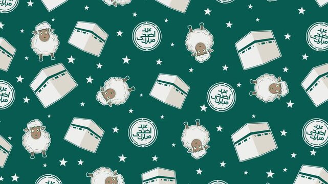 Eid al-Adha pattern. Seamless 4K looping animated background with repeating sheep, Kaaba, stars, and Arabic badges on green, ideal for video backgrounds, social media, ads, and festive visuals.