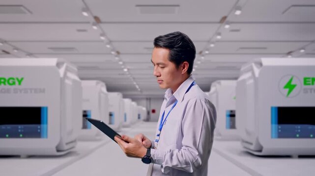 Side View Of An Asian Male Professional Worker Standing With His Tablet at Modular Energy Storage Systems, Checking On His Tablet With Meditation