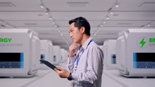 Side View Of An Asian Male Professional Worker at Modular Energy Storage Systems, Observes By Looking Up Before He Come To Concentrating On The Tablet And Keep On Checking