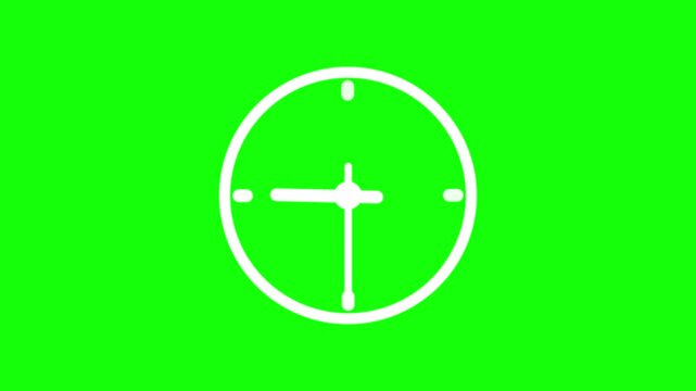 A simple white clock face with hands displayed on a bright green background