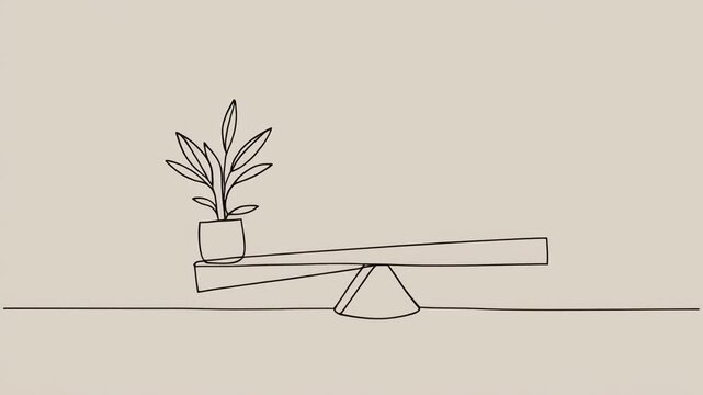 Line drawing of a plant on a seesaw, suggesting balance. The background is a pale beige