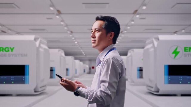 Side View Of An Asian Male Professional Worker Standing at Modular Energy Storage Systems, Observes By Looking Up Then He Come To Concentrating On The Phone And Keep On Checking