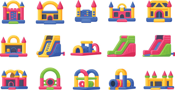 Set of Inflatable Bouncy Castle and Water Slide Icons Featuring Colorful Jumping Houses Playground Obstacle Courses and Amusement Park Equipment for Children Event Party Designs