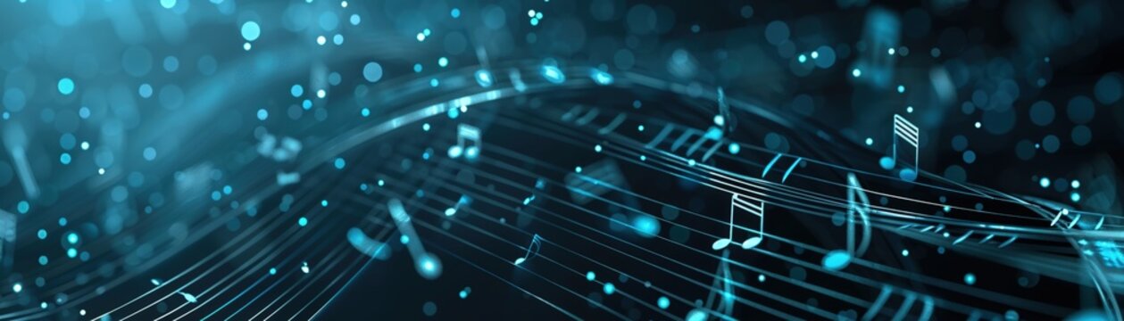 AIgenerated music notes flowing across a digital interface  ,close-up