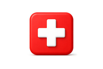 Obraz premium Isolated Red Square Button with White Swiss Cross Symbol on a White Background, Representing Medical Care and Aid