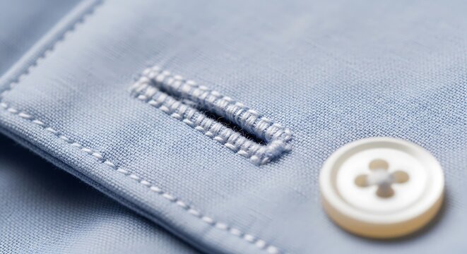 Close up of a light blue dress shirt button and buttonhole.