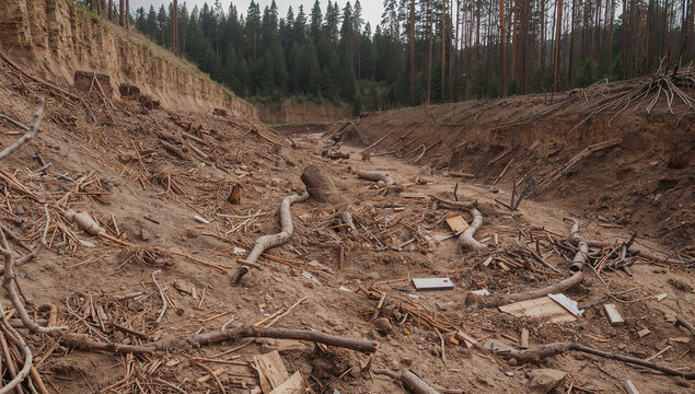 土壌流出の危険が高まる伐採斜面を示す環境写真