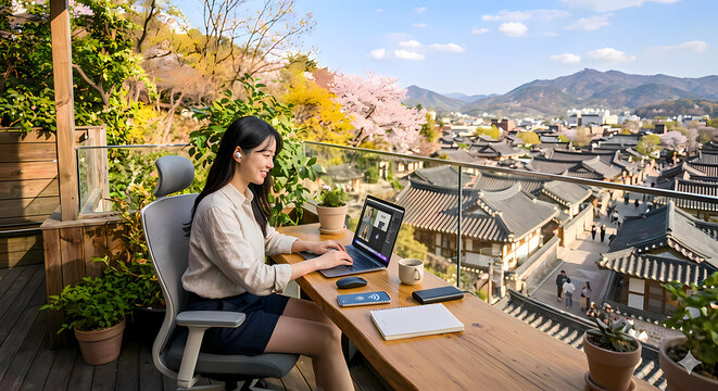 Digital nomad working flexibly on a laptop and having a video conference in nature, hybrid work environment (자연속에서 디지털노마드. 근무하는 여자)