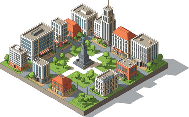 3D City Park Landscape with Modern Buildings, Monument Statue, and Green Urban Spaces for Architecture, Planning, and Landscape Design © AdhinChandra