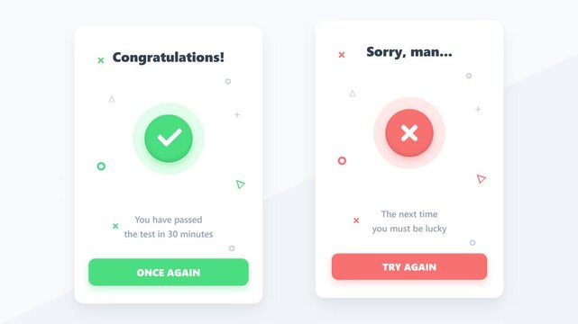 UI Interface Result Screens with Success and Failure Notification Cards for Mobile Game or App Design