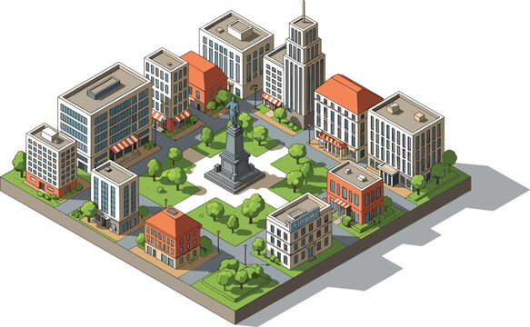 3D City Park Landscape with Modern Buildings, Monument Statue, and Green Urban Spaces for Architecture, Planning, and Landscape Design