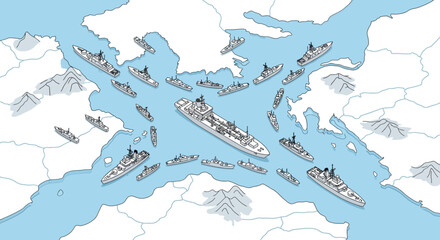 A vector illustration depicting a military escalation map of the Strait of Hormuz and surrounding Arab countries, showcasing a blockade with warships in a flat design against a light blue © HambaTuhanImages