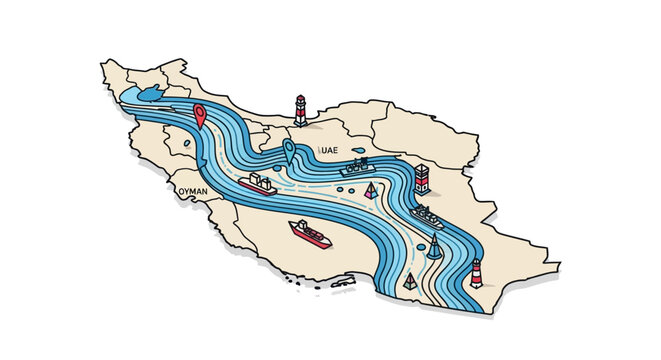 Illustrated vector map depicting US military escalation in the Strait of Hormuz, showcasing potential blockade actions with character icons on a simplified Arab countries design, set