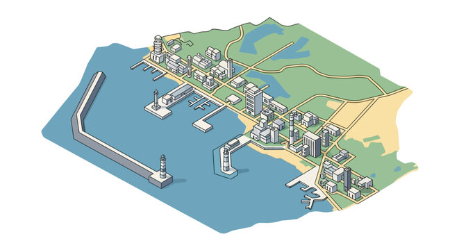 Illustrated vector design depicting a stylized map of a Strait of Hormuz coastal region, showing potential for US military escalation with icons representing blockade points and strategic