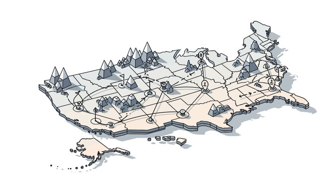 A hand-drawn illustration depicting a US military escalation map, showcasing a network of connected strategic locations across the United States with a blockade design against a white