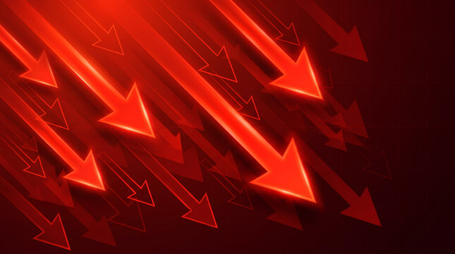 Stock market crash arrows pointing down in red neon style for economic crisis business presentation background.