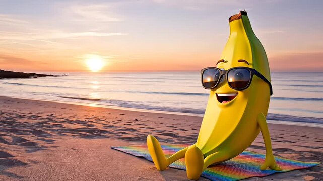 Stylized banana with sunglasses lounges calmly on a beach mat, enjoying a soft sunrise glow and tranquil ocean view, ideal for loopable relaxing tropical visuals