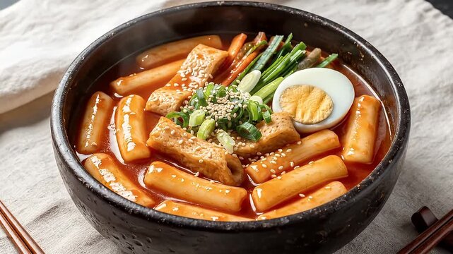 Spicy Korean Rice Cakes with Fish Cakes and Egg in Red Sauce