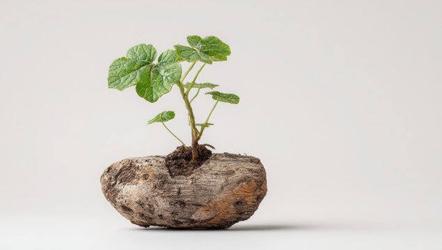 A small green seedling sprout with vibrant leaves grows from rich soil in a white pot, representing new life and nature isolated on a plain background for agriculture and botany
