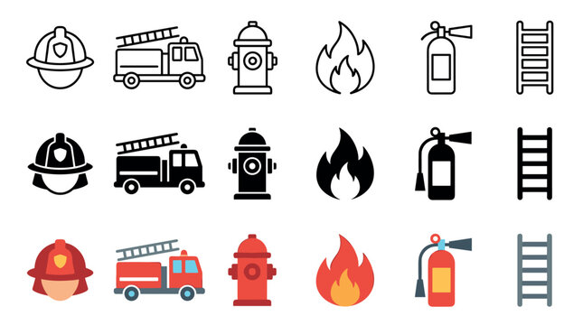Firefighter icon set with emergency safety symbols including a helmet, truck, hydrant, flame, extinguisher, and ladder in line, glyph, and flat color styles for graphic design