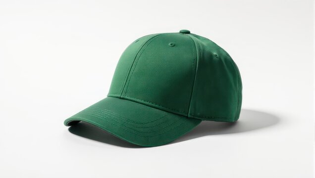 Solid, green baseball cap isolated on white background, showcasing its shape and texture