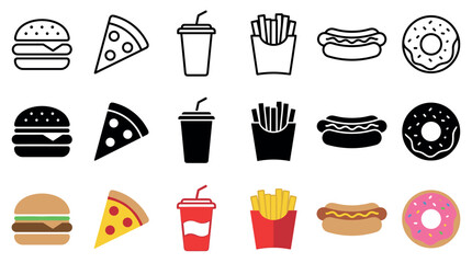 Fast food vector icon set collection showing a hamburger, pizza, soda, fries, hot dog, and donut in three different styles: outline, glyph, and flat color design