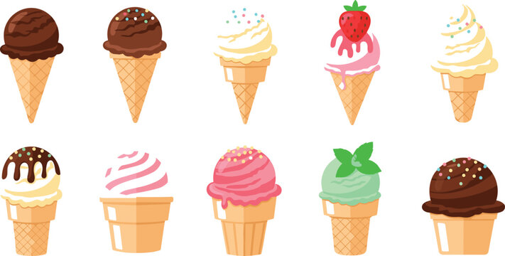 Colorful Ice Cream Cone Set Featuring Chocolate, Strawberry, Mint, and Vanilla Flavors for Summer, Dessert, and Food Illustrations