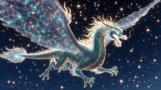 Majestic Celestial Dragon Flying Through a Starry Galaxy Night Sky