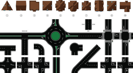 Urban road elements set, traffic intersection highway collection, roundabout street asphalt map isolated vector design template © Vexora Studio