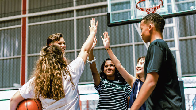 Youthful basketball team celebration photo