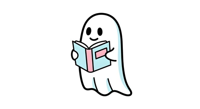 Cute Ghost Reading Book Cartoon Illustration