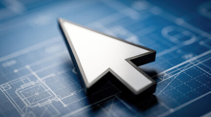 Fototapeta premium White cursor arrow pointing over a blue technical engineering blueprint