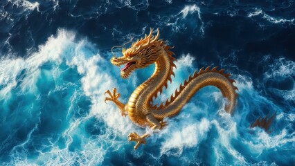 Obraz premium Majestic Golden Dragon Rising Above Turbulent Ocean Waves