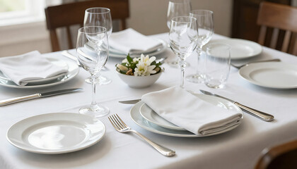 Fototapeta premium Rustic Wooden Dining Table with Elegant Place Settings and Floral Centerpiece 